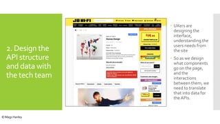 2. Design the
API structure
and data with
the tech team
 UXers are
designing the
interface,
understanding the
users needs from
the site
 So as we design
what components
go on the page,
and the
interactions
between them, we
need to translate
that into data for
the APIs.
© Mags Hanley
 