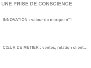 UNE PRISE DE CONSCIENCE


INNOVATION : valeur de marque n°1




CŒUR DE METIER : ventes, relation client…
 
