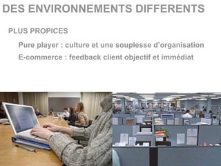 DES ENVIRONNEMENTS DIFFERENTS
PLUS PROPICES
  Pure player : culture et une souplesse d’organisation
  E-commerce : feedback client objectif et immédiat
 