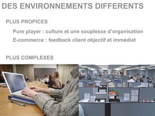 DES ENVIRONNEMENTS DIFFERENTS
PLUS PROPICES
  Pure player : culture et une souplesse d’organisation
  E-commerce : feedback client objectif et immédiat


PLUS COMPLEXES
 