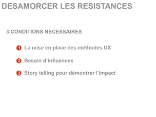 DESAMORCER LES RESISTANCES


3 CONDITIONS NECESSAIRES


   1 La mise en place des méthodes UX

   2 Besoin d’influences

   3 Story telling pour démontrer l’impact
 