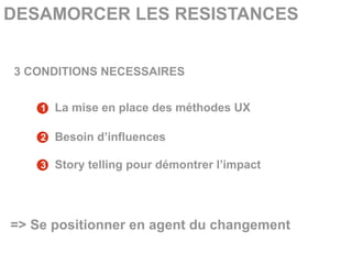 DESAMORCER LES RESISTANCES


3 CONDITIONS NECESSAIRES


    1 La mise en place des méthodes UX

    2 Besoin d’influences

    3 Story telling pour démontrer l’impact




=> Se positionner en agent du changement
 