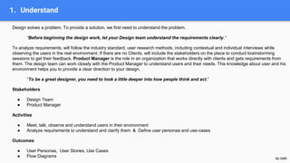 1. Understand
Design solves a problem. To provide a solution, we first need to understand the problem.
“Before beginning the design work, let your Design team understand the requirements clearly.”
To analyze requirements, will follow the industry standard, user research methods, including contextual and individual interviews while
observing the users in the real environment. If there are no Clients, will include the stakeholders on the place to conduct brainstorming
sessions to get their feedback. Product Manager is the role in an organization that works directly with clients and gets requirements from
them. The design team can work closely with the Product Manager to understand users and their needs. This knowledge about user and his
environment helps you to provide a clear direction to your design.
“To be a great designer, you need to look a little deeper into how people think and act.”
Stakeholders
● Design Team
● Product Manager
Activities
● Meet, talk, observe and understand users in their environment
● Analyze requirements to understand and clarify them & Define user personas and use-cases
Outcomes
● User Personas, User Stories, Use Cases
● Flow Diagrams By GMK
 