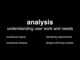 analysis
understanding user work and needs
contextual inquiry
contextual analysis
extracting requirements
design-informing models
 
