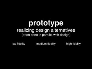 prototype
realizing design alternatives
(often done in parallel with design)
low ﬁdelity medium ﬁdelity high ﬁdelity
 