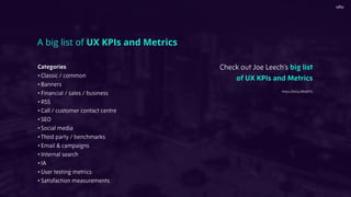 A big list of UX KPIs and Metrics
Categories
• Classic / common
• Banners
• Financial / sales / business
• RSS
• Call / customer contact centre
• SEO
• Social media
• Third party / benchmarks
• Email & campaigns
• Internal search
• IA
• User testing metrics:
• Satisfaction measurements
Check out Joe Leech's big list
of UX KPIs and Metrics
https://bit.ly/2Rs697U
 