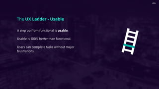The UX Ladder - Usable
A step up from functional is usable.
Usable is 100% better than functional.
Users can complete tasks without major
frustrations.
 