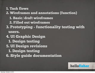 1. Task flows
          2. Wireframes and annotations (function)
             1. Basic/draft wireframes
             2. Filled out wireframes
          3. Prototyping - functionality testing with
           users.
          4. UI Graphic Design
           1. Design testing
          5. UI Design revisions
           1. Design testing
          6. Style guide documentation


Saturday, October 2, 2010
 