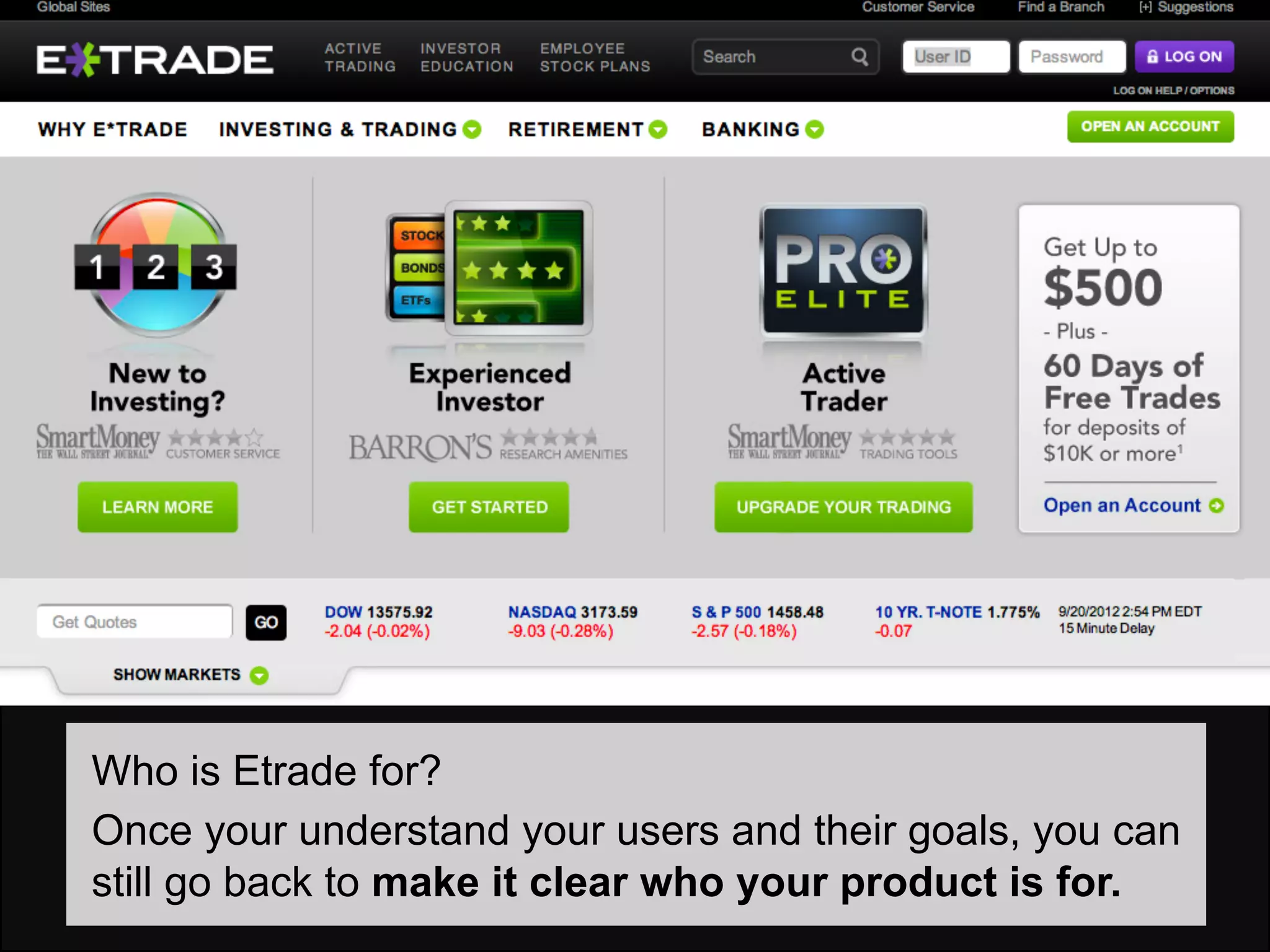 Who is Etrade for?
Once your understand your users and their goals, you can
still go back to make it clear who your product is for.
 