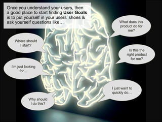 Once you understand your users, then
a good place to start finding User Goals
is to put yourself in your users’ shoes &
ask yourself questions like…                     What does this
                                                 product do for
                                                     me?

    Where should
      I start?
                                                        Is this the
                                                      right product
                                                         for me?

  I’m just looking
        for…



                                            I just want to
                                            quickly do…
             Why should
              I do this?
 