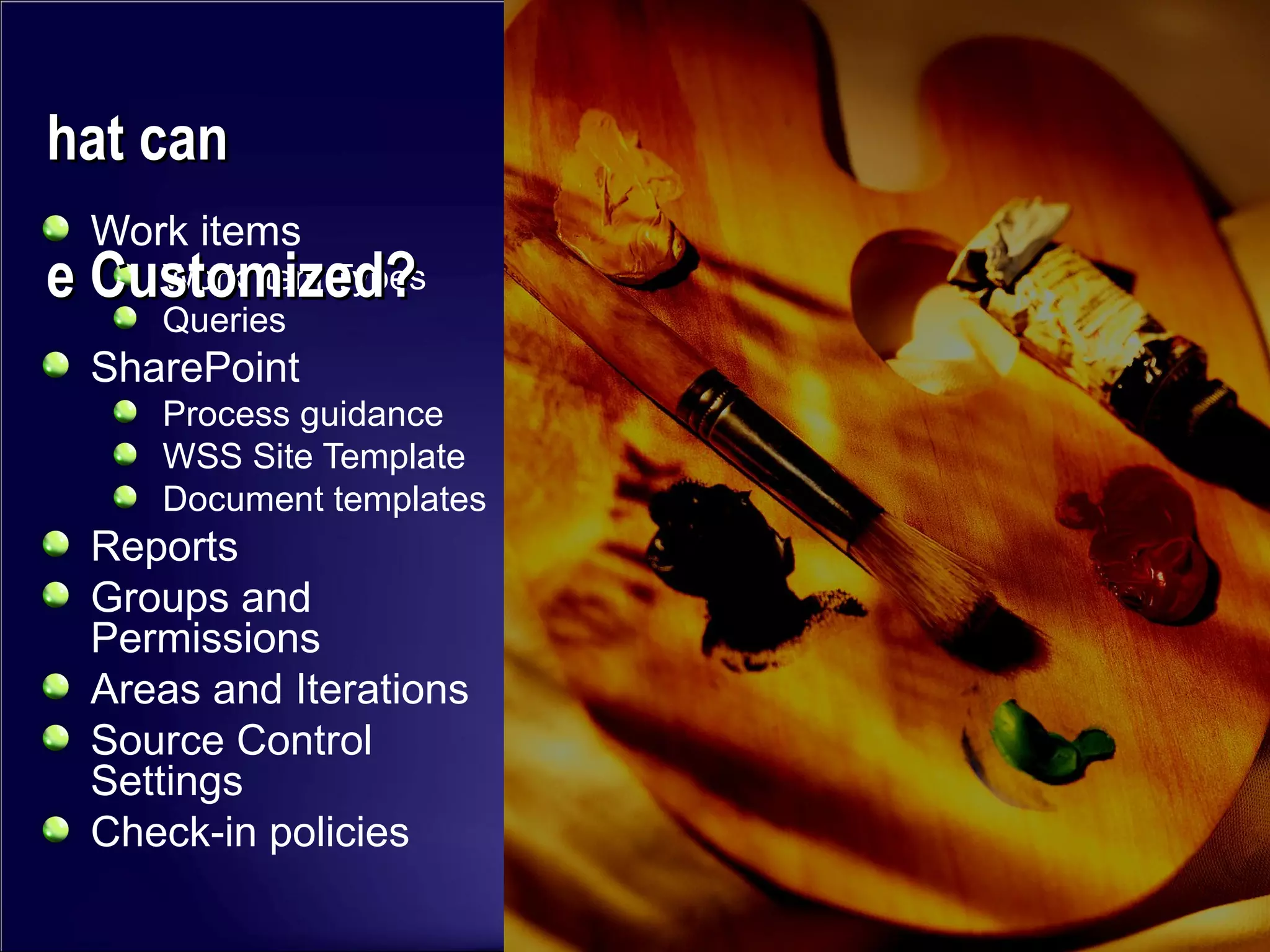 Work items Work Item Types Queries SharePoint Process guidance WSS Site Template  Document templates  Reports Groups and Permissions Areas and Iterations Source Control Settings Check-in policies What can  be Customized? 