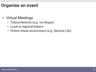 <ul><li>Virtual Meetings </li></ul><ul><ul><li>Teleconference (e.g. via Skype) </li></ul></ul><ul><ul><li>Local or regiona...