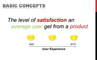 The level of satisfaction an
average user get from a product
User Experience
goodbad
 