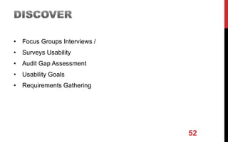 • Focus Groups Interviews /
• Surveys Usability
• Audit Gap Assessment
• Usability Goals
• Requirements Gathering
52
 