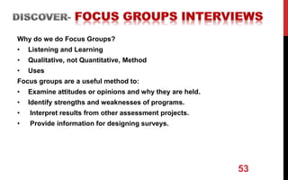 Why do we do Focus Groups?
• Listening and Learning
• Qualitative, not Quantitative, Method
• Uses
Focus groups are a useful method to:
• Examine attitudes or opinions and why they are held.
• Identify strengths and weaknesses of programs.
• Interpret results from other assessment projects.
• Provide information for designing surveys.
53
 