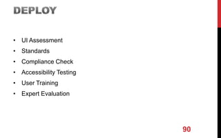 • UI Assessment
• Standards
• Compliance Check
• Accessibility Testing
• User Training
• Expert Evaluation
90
 