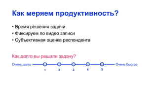 Как меряем продуктивность?
• Время решения задачи
• Фиксируем по видео записи
• Субъективная оценка респондента
Как долго вы решали задачу?
Очень долго Очень быстро
1 2 3 4 5
 