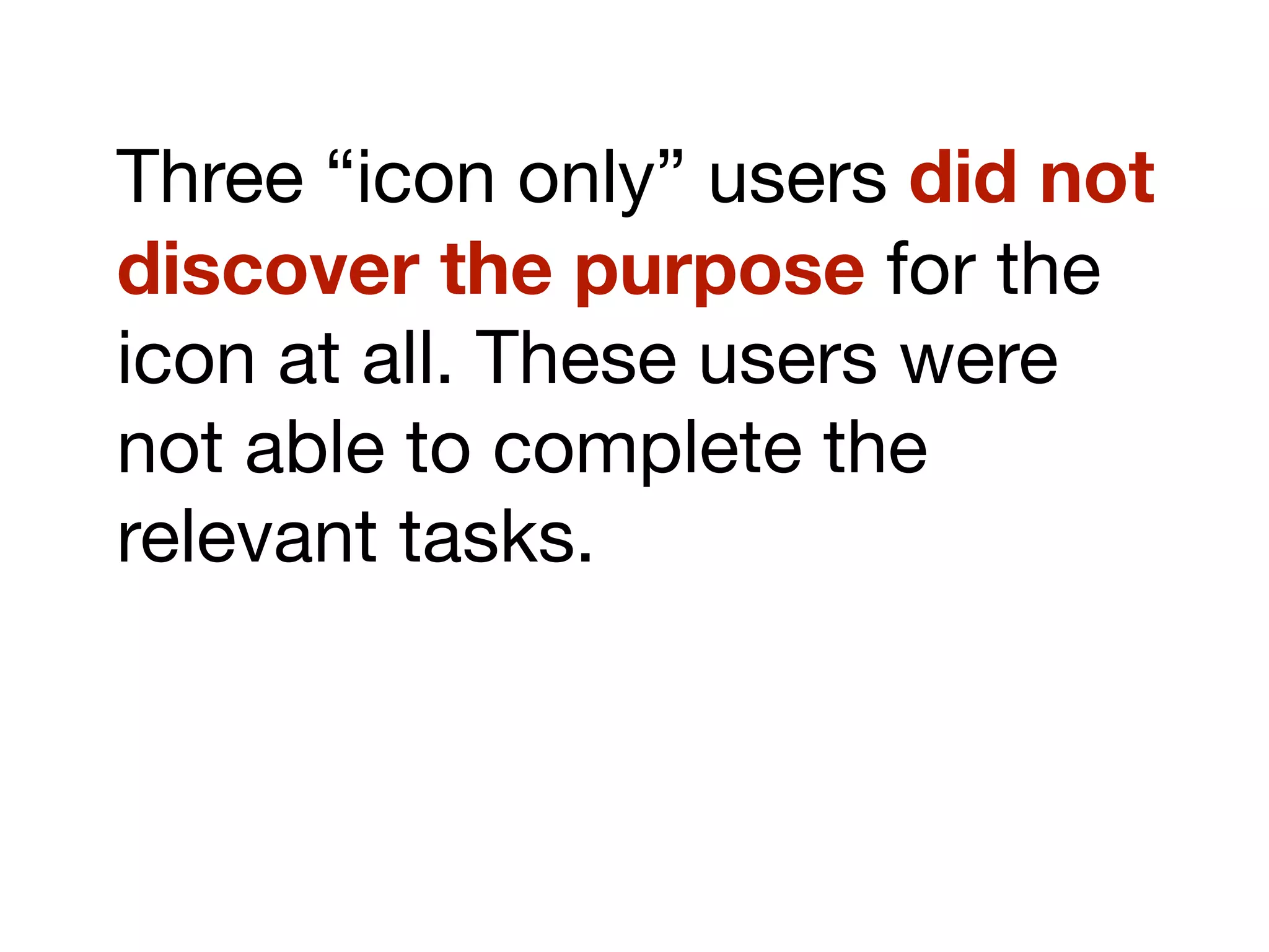 Three “icon only” users did not
discover the purpose for the
icon at all. These users were
not able to complete the
relevant tasks.
 