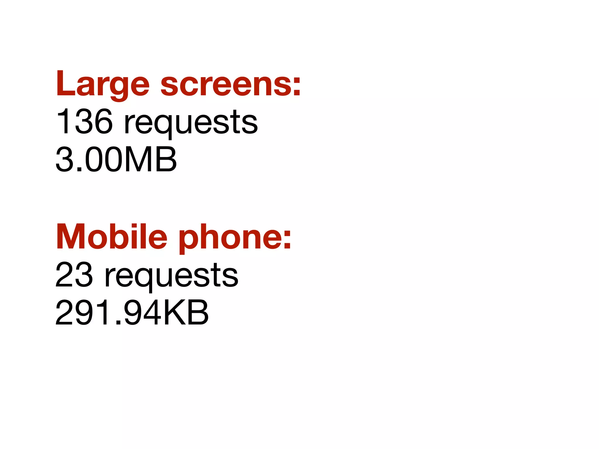 Large screens:
136 requests
3.00MB
Mobile phone:
23 requests
291.94KB
 