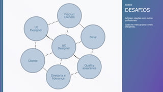 SOBRE
DESAFIOS
UX
Designer
Articular relações com outros
profissionais.
Cada vez mais grupos e mais
disciplinas.UI
Designer
Product
Owners
Devs
Quality
assurance
Diretoria e
liderança
Cliente
 