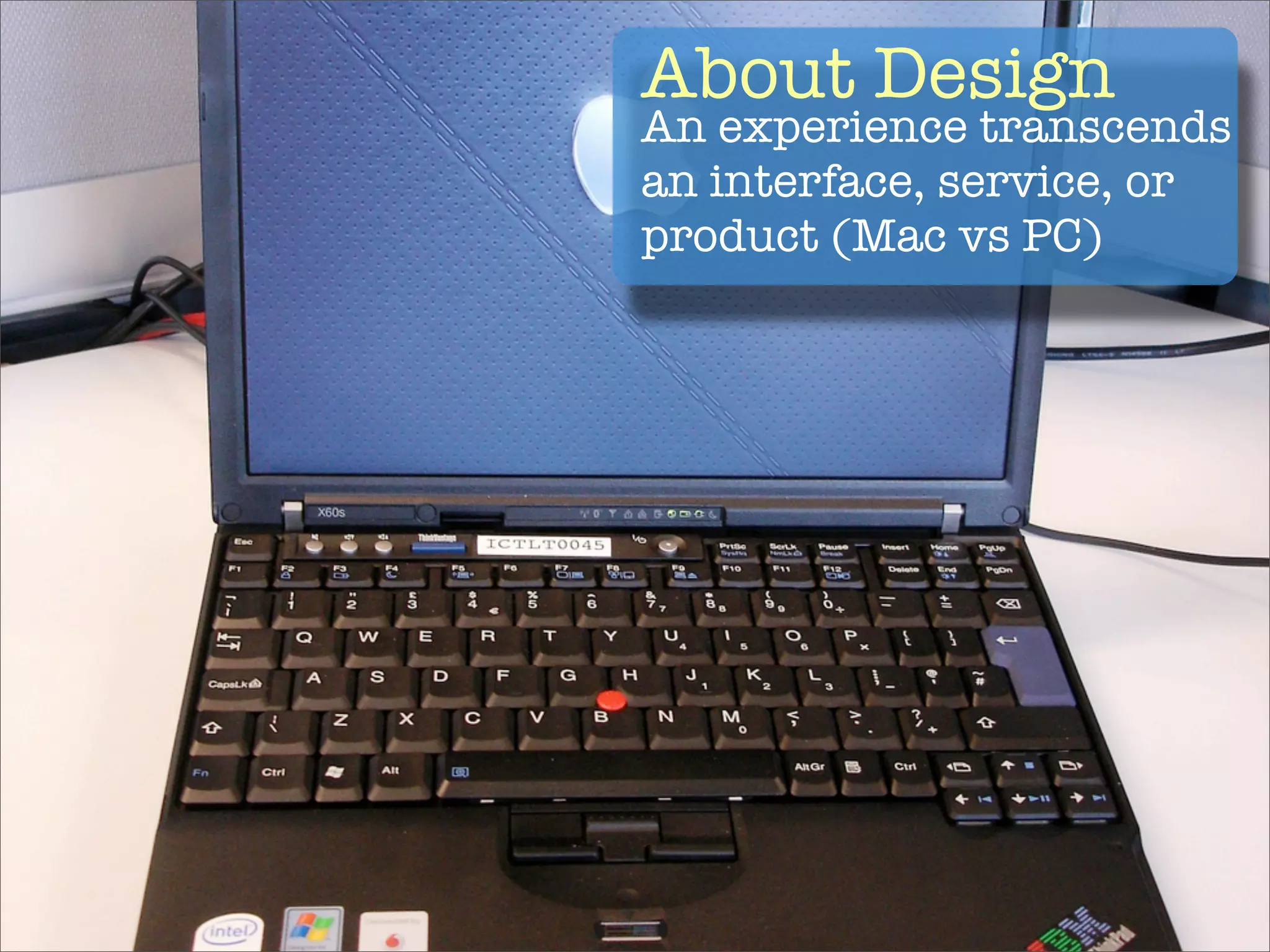 About Design
An experience transcends
an interface, service, or
product (Mac vs PC)
 
