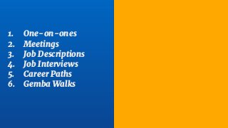 1. One-on-ones
2. Meetings
3. Job Descriptions
4. Job Interviews
5. Career Paths
6. Gemba Walks
User Interview
Facilitation/Workshops
Persona/Stories
Behavioural interview
Service Design
Ethnography
 