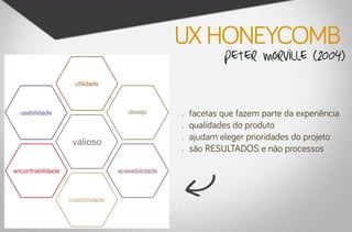 ux honeycomb
             peter morville (2004)


•	   facetas que fazem parte da experiência
•	   qualidades do produto
•	   ajudam eleger prioridades do projeto
•	   são RESULTADOS e não processos
 