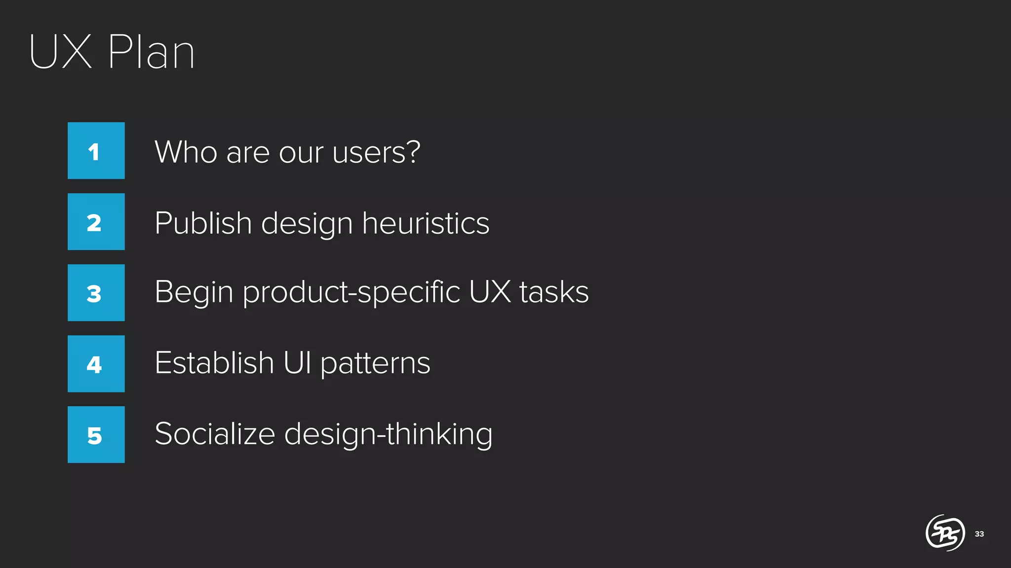 UX Plan
1

Who are our users?

2

Publish design heuristics

3

Begin product-specific UX tasks

4

Establish UI patterns

5

Socialize design-thinking
33

 