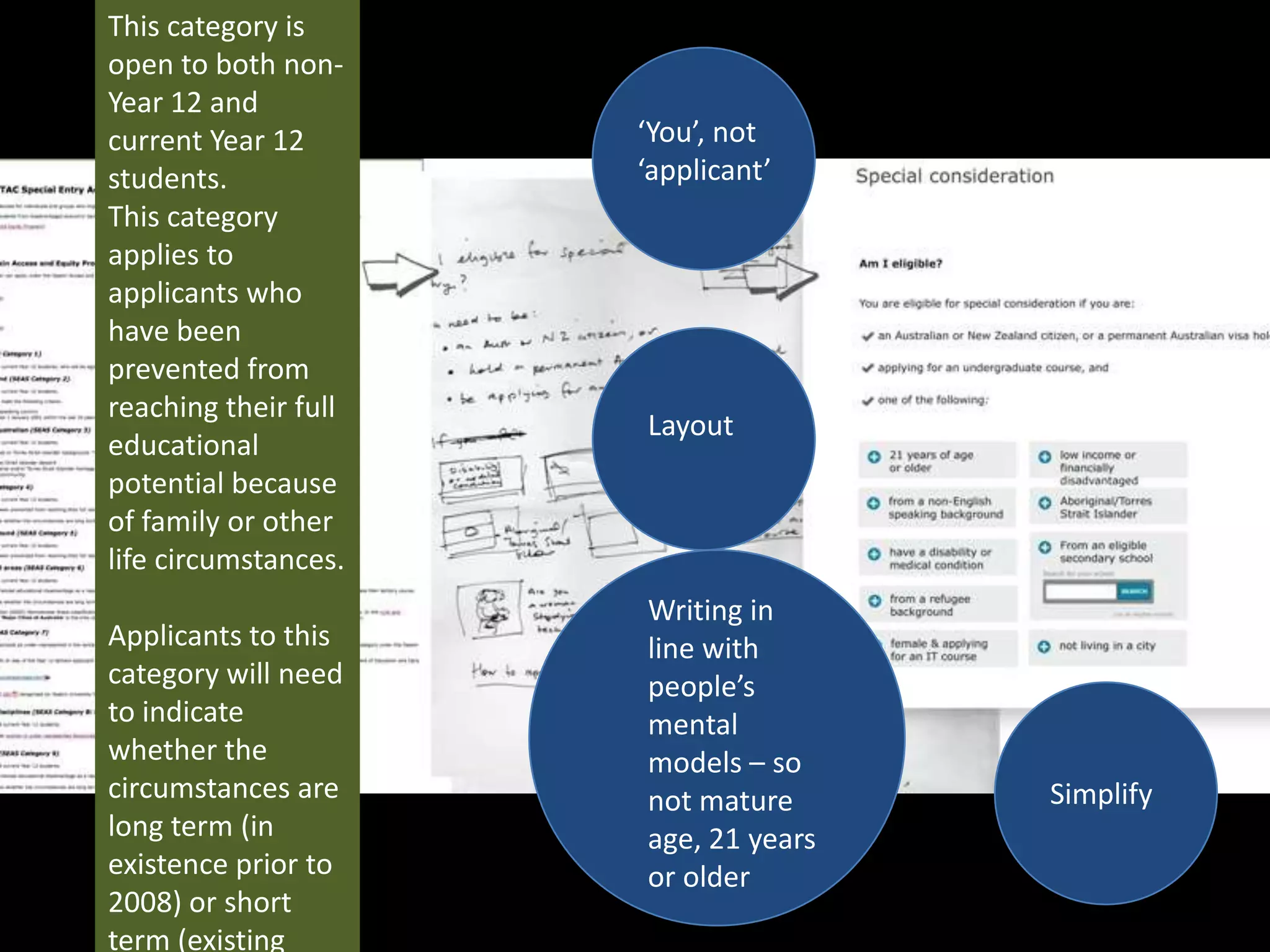 This category is open to both non-Year 12 and current Year 12 students.This category applies to applicants who have been prevented from reaching their full educational potential because of family or other life circumstances.Applicants to this category will need to indicate whether the circumstances are long term (in existence prior to 2008) or short term (existing only in 2009-2010). ‘You’, not ‘applicant’LayoutWriting in line with people’s mental models – so not mature age, 21 years or olderSimplify