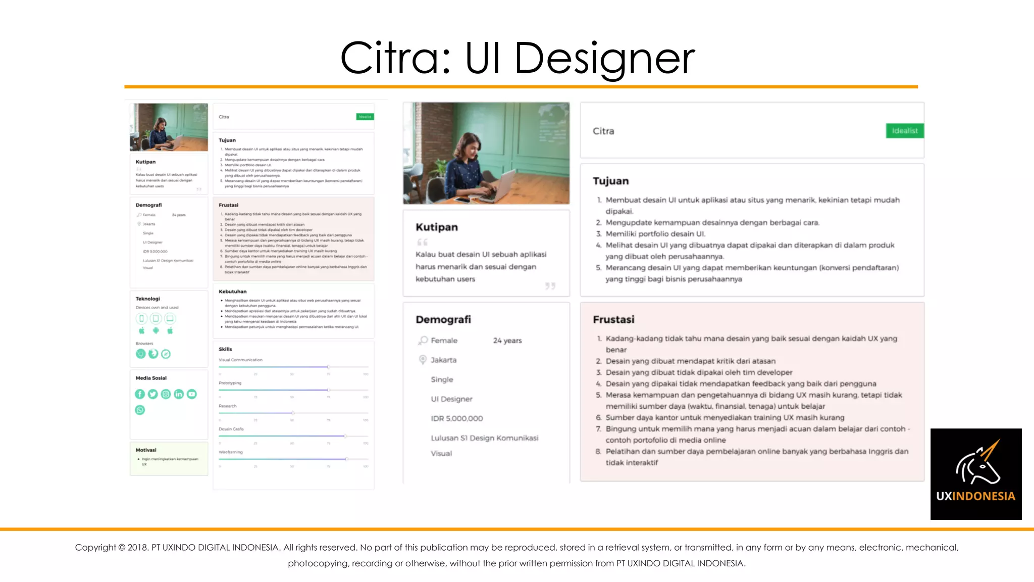 Copyright © 2018. PT UXINDO DIGITAL INDONESIA. All rights reserved. No part of this publication may be reproduced, stored in a retrieval system, or transmitted, in any form or by any means, electronic, mechanical,
photocopying, recording or otherwise, without the prior written permission from PT UXINDO DIGITAL INDONESIA.
Citra: UI Designer
 