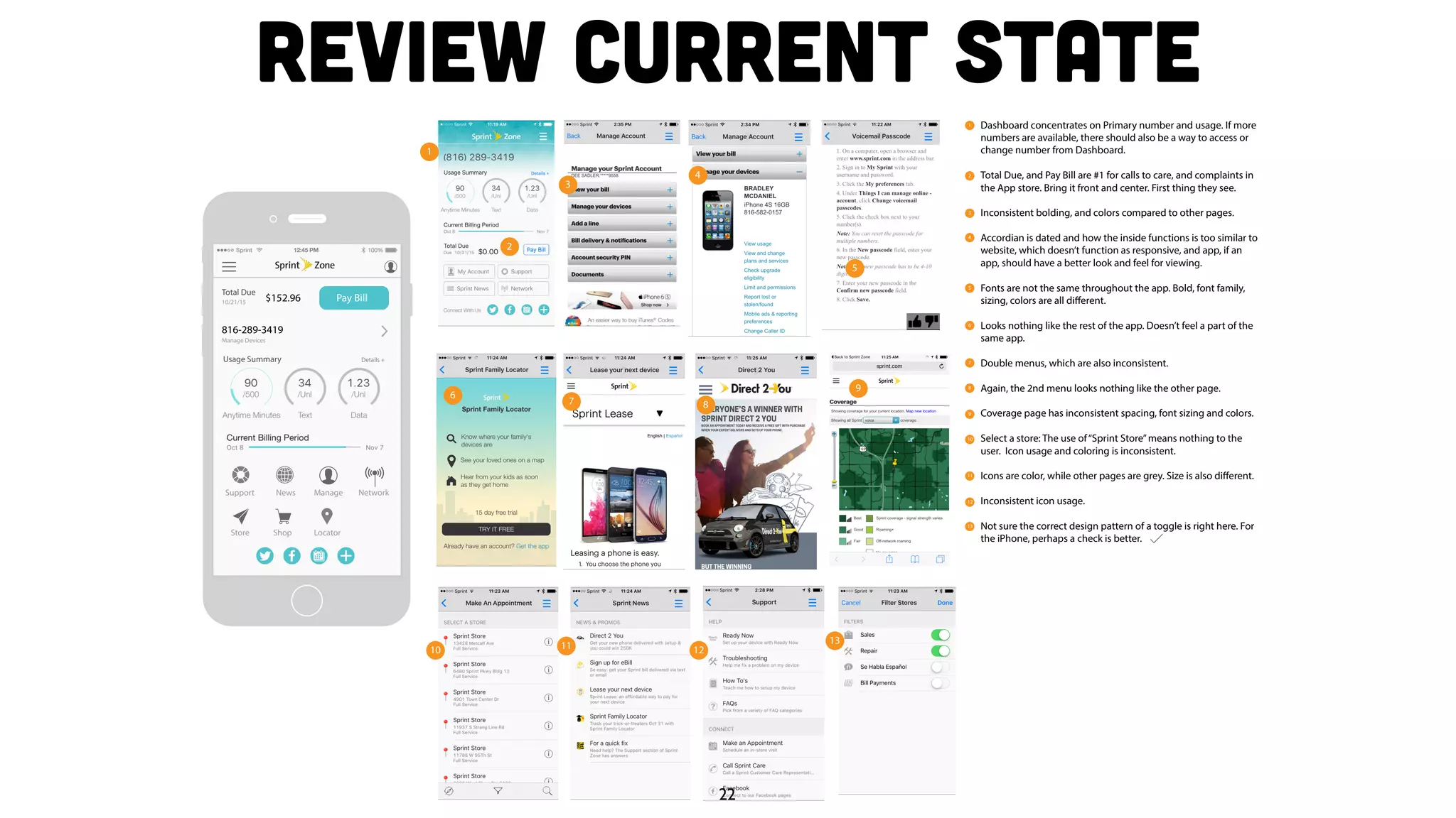 Review Current State
Dashboard concentrates on Primary number and usage. If more
numbers are available, there should also be a way to access or
change number from Dashboard.
Total Due, and Pay Bill are #1 for calls to care, and complaints in
the App store. Bring it front and center. First thing they see.
Inconsistent bolding, and colors compared to other pages.
Accordian is dated and how the inside functions is too similar to
website, which doesn’t function as responsive, and app, if an
app, should have a better look and feel for viewing.
Fonts are not the same throughout the app. Bold, font family,
sizing, colors are all different.
Looks nothing like the rest of the app. Doesn’t feel a part of the
same app.
Double menus, which are also inconsistent.
Again, the 2nd menu looks nothing like the other page.
Coverage page has inconsistent spacing, font sizing and colors.
Select a store: The use of“Sprint Store”means nothing to the
user. Icon usage and coloring is inconsistent.
Icons are color, while other pages are grey. Size is also different.
Inconsistent icon usage.
Not sure the correct design pattern of a toggle is right here. For
the iPhone, perhaps a check is better.
1
2
3
4
5
1
2
3
4
5
6
7
8
9
10
11
12
13
9
8
10 11 12
13
7
6
Sprint 12:45 PM 100%
Total Due
10/21/15
Manage Devices
Pay Bill$152.96
816-289-3419
Usage Summary Details +
Support
Store Shop Locator
News Manage Network
22
 
