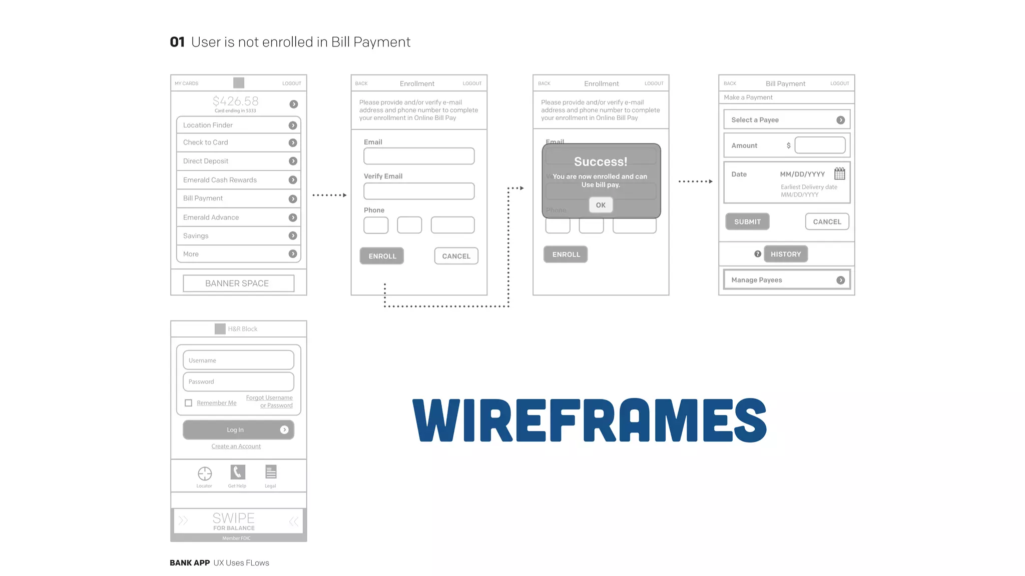 LOGOUTMY CARDS Enrollment Enrollment
Email
Verify Email
Please provide and/or verify e-mail
address and phone number to complete
your enrollment in Online Bill Pay
01 User is not enrolled in Bill Payment
BANK APP UX Uses FLows
Check to Card
Location Finder
Direct Deposit
Emerald Cash Rewards
Bill Payment
Emerald Advance
Savings
More
LOGOUTBACK BACK
Phone
ENROLL ENROLL
Email
Verify Email
Please provide and/or verify e-mail
address and phone number to complete
your enrollment in Online Bill Pay
LOGOUT
Phone
Bill PaymentBACK
CANCEL
CANCEL
SUBMIT
HISTORY
Make a Payment
LOGOUT
Success!
You are now enrolled and can
Use bill pay.
OK
Select a Payee
Amount $
Manage Payees
Date MM/DD/YYYY
BANNER SPACE
$426.58
SWIPE
FOR BALANCE ‹‹
‹‹
H&R Block
Earliest Delivery date
MM/DD/YYYY
Username
Password
Remember Me
Create an Account
Forgot Username
or Password
Log In
Locator Get Help Legal
Member FDIC
Card ending in 5333
Wireframes
 