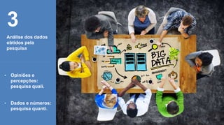 • Opiniões e
percepções:
pesquisa quali.
• Dados e números:
pesquisa quanti.
Análise dos dados
obtidos pela
pesquisa
3
 