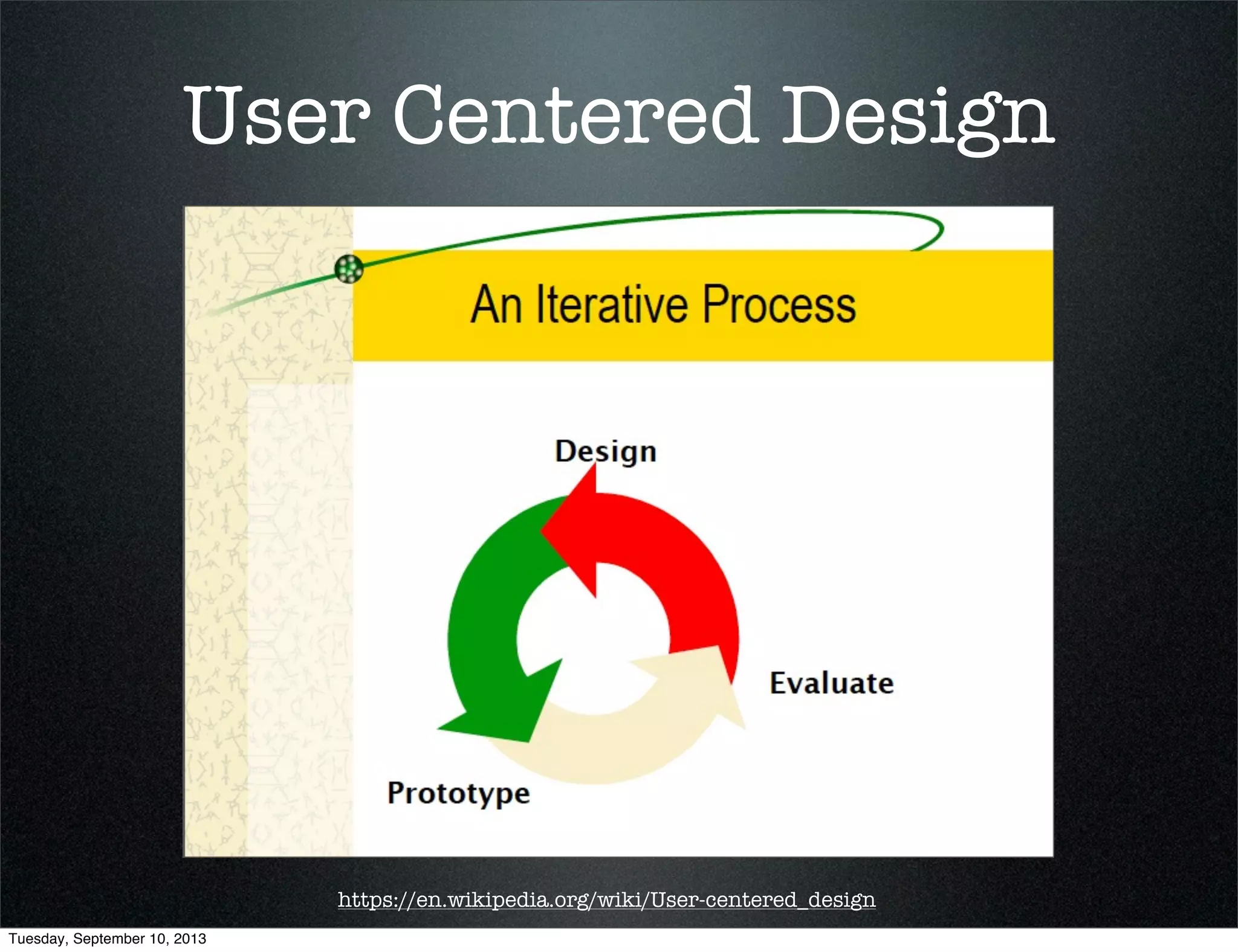 User Centered Design
https://en.wikipedia.org/wiki/User-centered_design
Tuesday, September 10, 2013
 