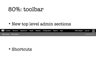 80%: toolbar New top level admin sections Shortcuts 