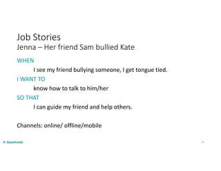 Job Stories
Jenna – Her friend Sam bullied Kate
WHEN
I see my friend bullying someone, I get tongue tied.
I WANT TO
know how to talk to him/her
SO THAT
I can guide my friend and help others.
Channels: online/ offline/mobile
53
 
