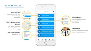 M Y M O B I L E C A R E
Find available physicians
and schedule an
appointment
Find nearby clinics and
Emergency Rooms near...