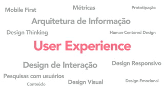 User Experience
Arquitetura de Informação
Design de Interação
Design Emocional
Design Responsivo
Mobile First
Design VisualConteúdo
Prototipação
Human-Centered DesignDesign Thinking
Métricas
Pesquisas com usuários
 