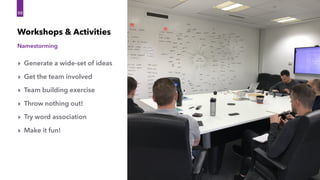 Namestorming
Workshops & Activities
50
‣ Generate a wide-set of ideas
‣ Get the team involved
‣ Team building exercise
‣ Throw nothing out!
‣ Try word association
‣ Make it fun!
 