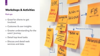 Post ups
Workshops & Activities
51
‣ Great for clients to get
involved
‣ Customer & user insights
‣ Greater understanding for the
users’ journey
‣ Detail top-level tasks
‣ Discuss and detail web
services and data
 