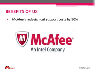 BENEFITS OF UX
MetaKave.com
• McAfee’s redesign cut support costs by 90%
 