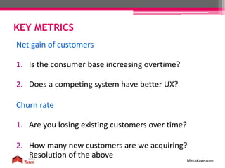 KEY METRICS
MetaKave.com
Net gain of customers
1. Is the consumer base increasing overtime?
2. Does a competing system have better UX?
Churn rate
1. Are you losing existing customers over time?
2. How many new customers are we acquiring?
Resolution of the above
 
