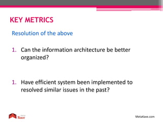 KEY METRICS
MetaKave.com
Resolution of the above
1. Can the information architecture be better
organized?
1. Have efficient system been implemented to
resolved similar issues in the past?
 