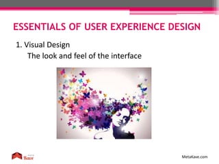 ESSENTIALS OF USER EXPERIENCE DESIGN
MetaKave.com
1. Visual Design
The look and feel of the interface
 