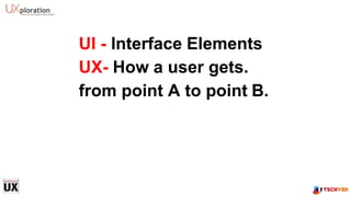 UI - Interface Elements
UX- How a user gets.
from point A to point B.
 