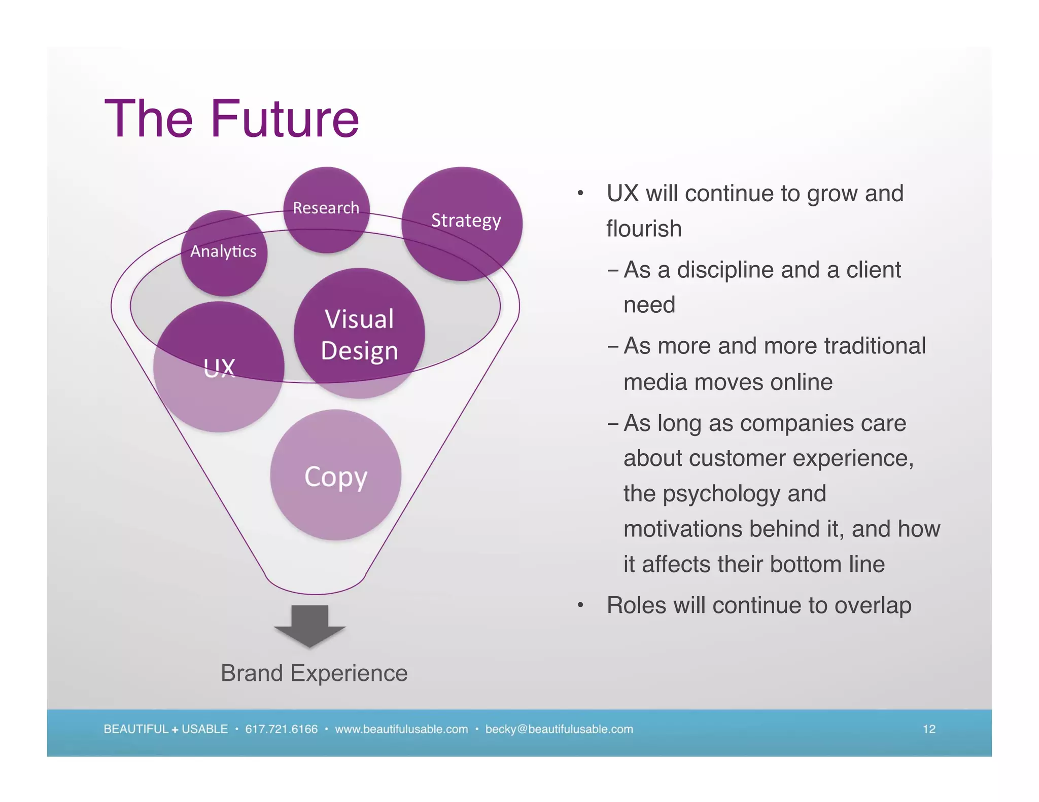 The Future
                                                                             • UX will continue to grow and
                                                                               ﬂourish
                                                                                  - As a discipline and a client
                                                                                    need
                                                                                  - As more and more traditional
                                                                                     media moves online
                                                                                  - As long as companies care
                                                                                    about customer experience,
                                                                                    the psychology and
                                                                                    motivations behind it, and how
                                                                                    it affects their bottom line
                                                                             • Roles will continue to overlap

                   Brand Experience

BEAUTIFUL + USABLE • 617.721.6166 • www.beautifulusable.com • becky@beautifulusable.com                            12
 