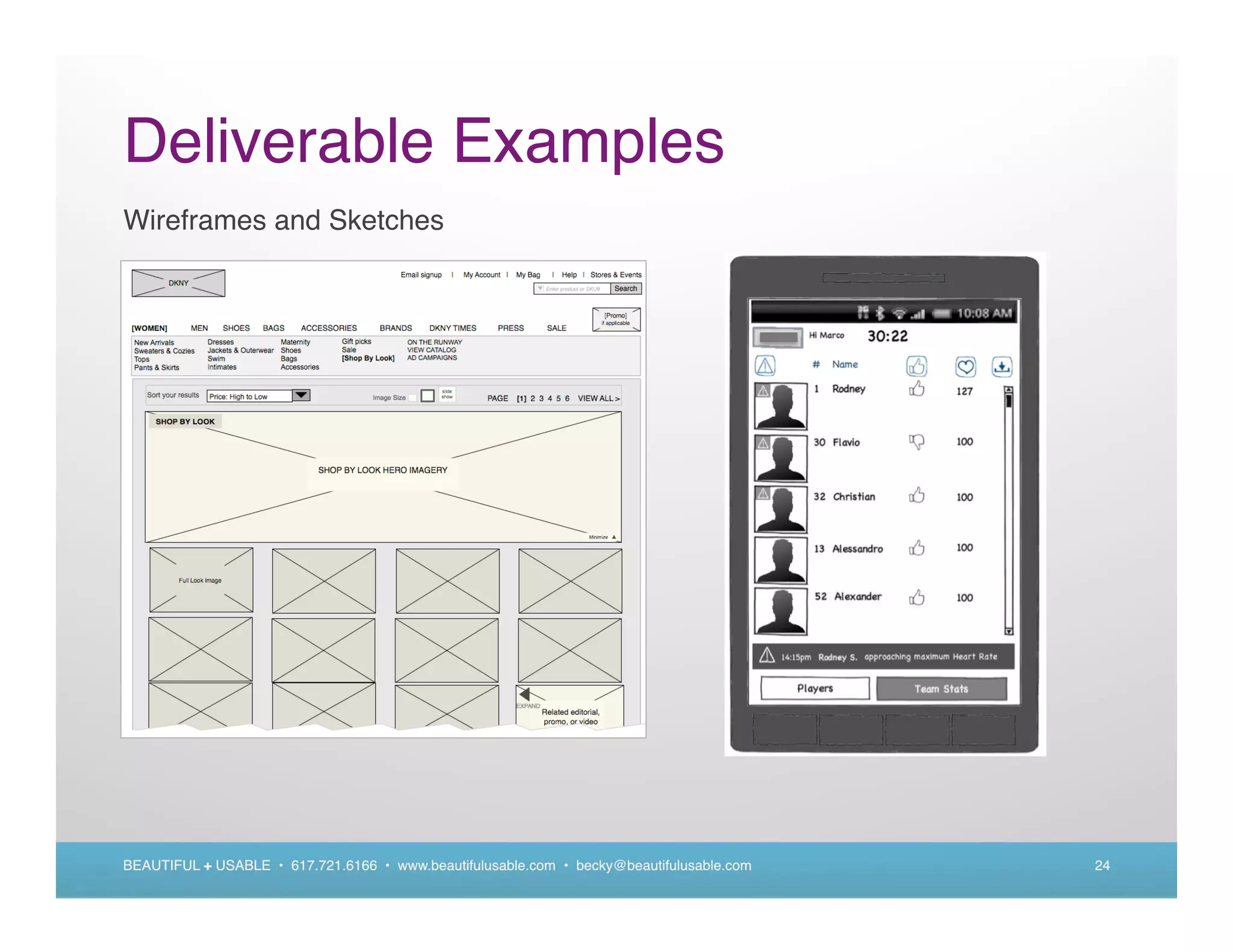 Deliverable Examples
Wireframes and Sketches




BEAUTIFUL + USABLE • 617.721.6166 • www.beautifulusable.com • becky@beautifulusable.com   24
 