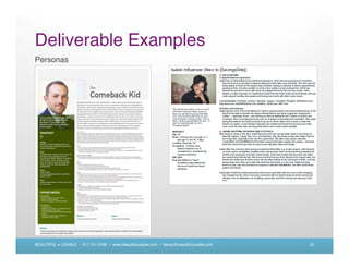Deliverable Examples
Personas




BEAUTIFUL + USABLE • 617.721.6166 • www.beautifulusable.com • becky@beautifulusable.com   22
 