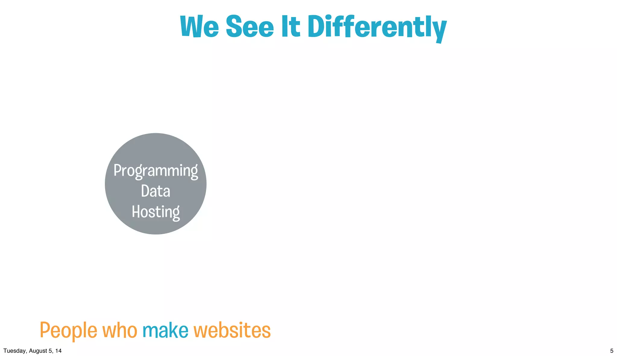 We See It Diﬀerently
Programming
Data
Hosting
People who make websites
 
