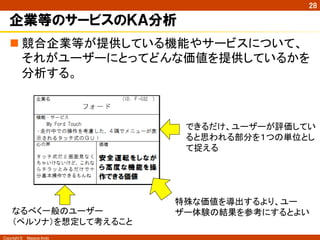 Copyright ©　Masaya Ando
28
企業等のサービスのＫＡ分析
n 競合企業等が提供している機能やサービスについて、
それがユーザーにとってどんな価値を提供しているかを
分析する。	
できるだけ、ユーザーが評価してい
ると思われる部分を１つの単位とし
て捉える	
なるべく一般のユーザー 
（ペルソナ）を想定して考えること	
特殊な価値を導出するより、ユー
ザー体験の結果を参考にするとよい	
 